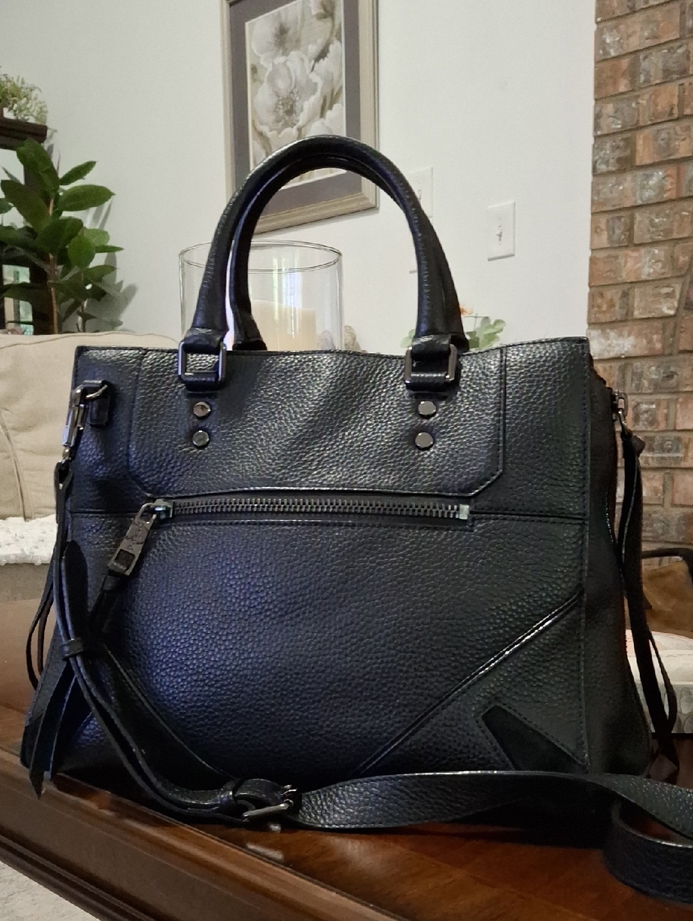 Prive Satchel Black Pebbled Leather Handbag With Crossbody Strap